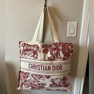 Authentic Christian Dior Beaute Canvas Tote Bag - Beige/Red